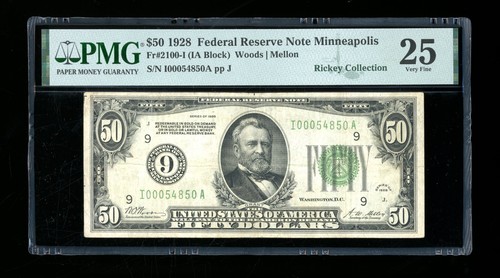 DBR 1928 $50 scarce Minneapolis Numeral Fr. 2100-I PMG 25 Serial I00054850A - Picture 1 of 2