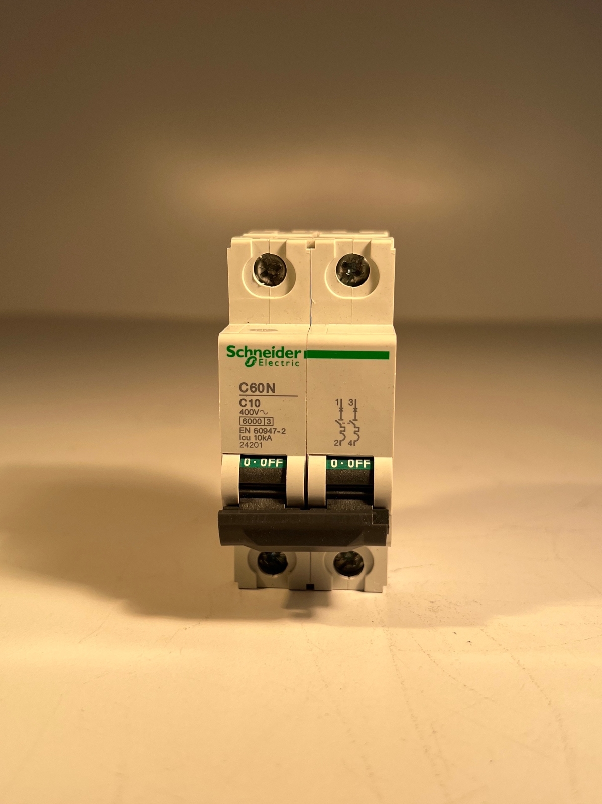 ONE (1) SCHNEIDER ELECTRIC C60N C10 2-Pole Circuit Breaker 400V 10A 10KA (USED)