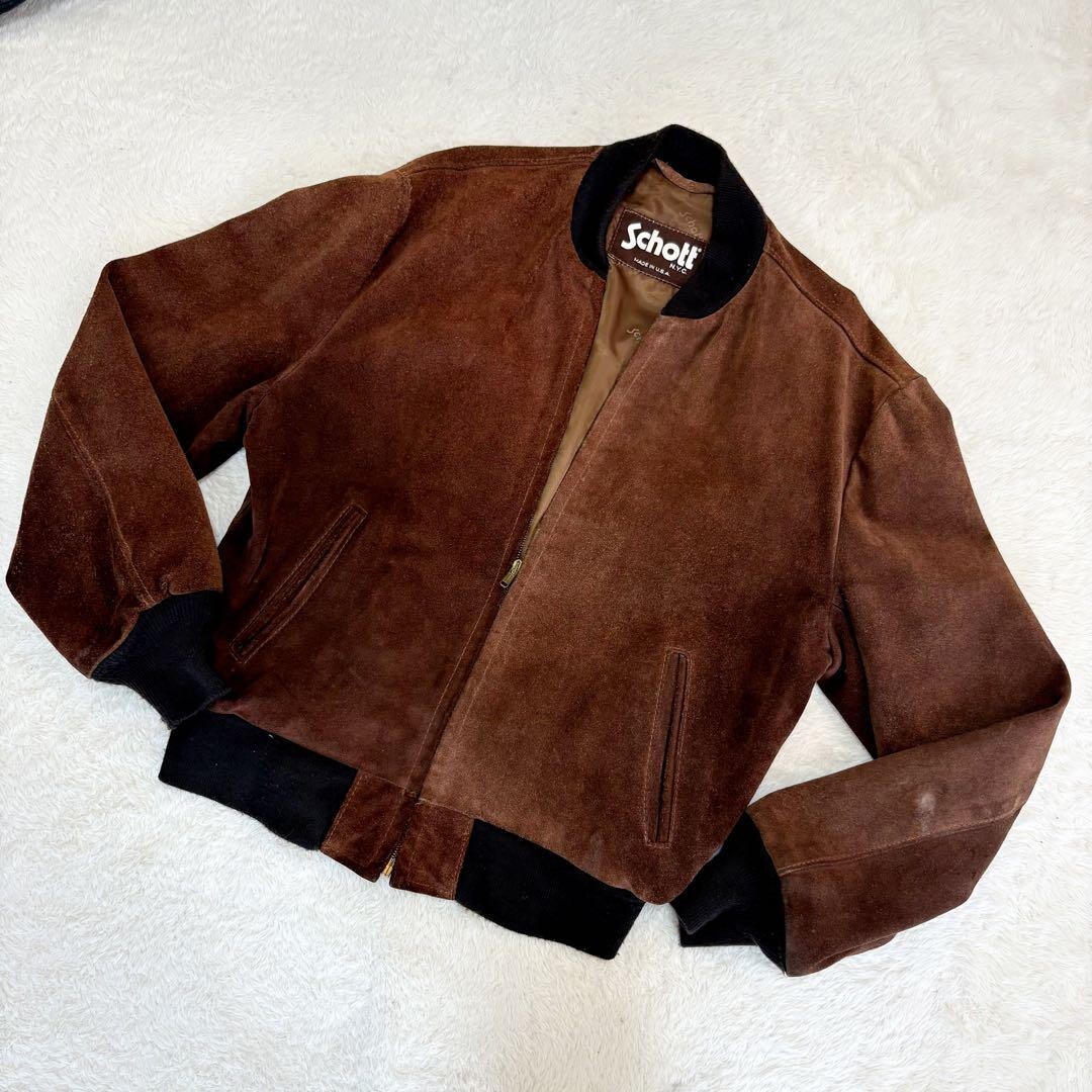 Schott Suede Leather Zip Up Jacket Blouson Men Size 44 Brown