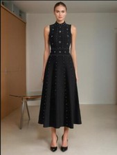 Women's Fashion Mock Neck Beaded Open Back Long Flared Evening Party Dress 5562