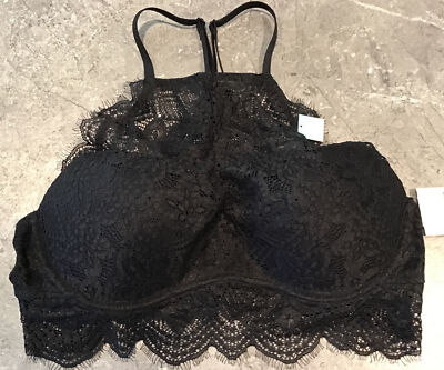 NWT VS PINK Lace High-Neck Racerback Padded Push-Up Black Bralette Size Lg (A-C)
