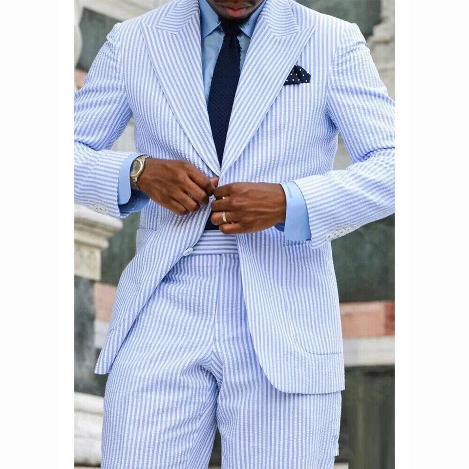 Esmoquin de ocio para hombre azul traje Seersucker formal pico solapa boda novio fiesta Foto 4 de 4