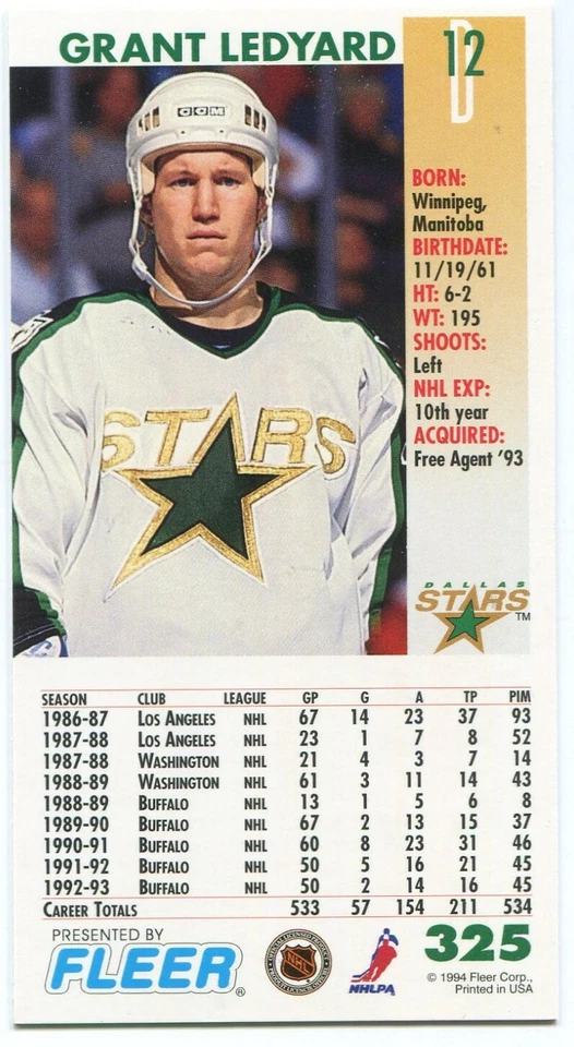 1993-94 Fleer PowerPlay #325 Grant Ledyard Dallas Stars - Image 2 of 2