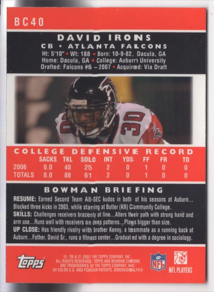 2007 BOWMAN CHROME ROOKIE David Irons Rookie Atlanta Falcons #BC40 - Image 2 of 2