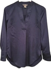 H&M Chiffon Shirt Blouse Blue Navy Size 0 Long-sleeve Pullover 