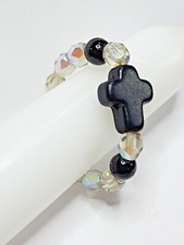 Black Cross Stretch Beaded Ring Catholic Saint Jewelry  Jesus