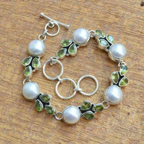 Natural Peridot Fresh Water Pearl Bracelet 925 Sterling Silver Pear Gemstone - Image 3 of 4