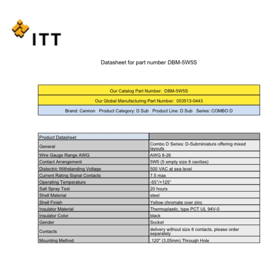 8 ITT Cannon DBM-5W5S Combo Connector D-Subminiature RCP 5 Contacts - Image 3 of 3
