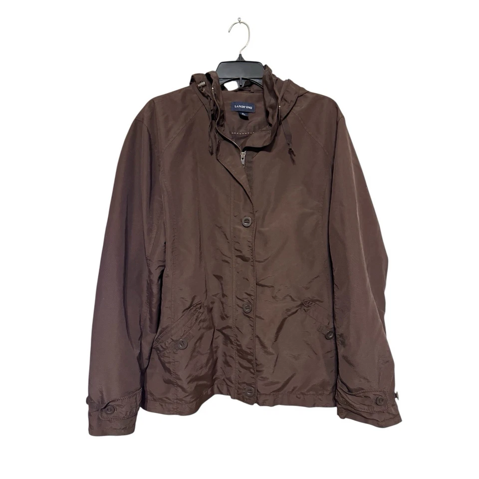 Chaqueta de Lluvia Lands’ End Squall Con Capucha XL 18-20 Marrón Impermeable Embalable Foto 3 de 4