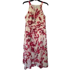 Evan-Picone Womens Floral Halter Midi Dress Red Cream Pleated Ruched Size 12