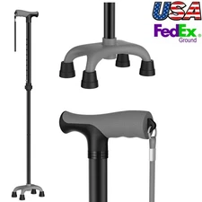 Adjustable Height Walking Cane Travel Hiking Stick 4-Pronged Quad Base For Adult