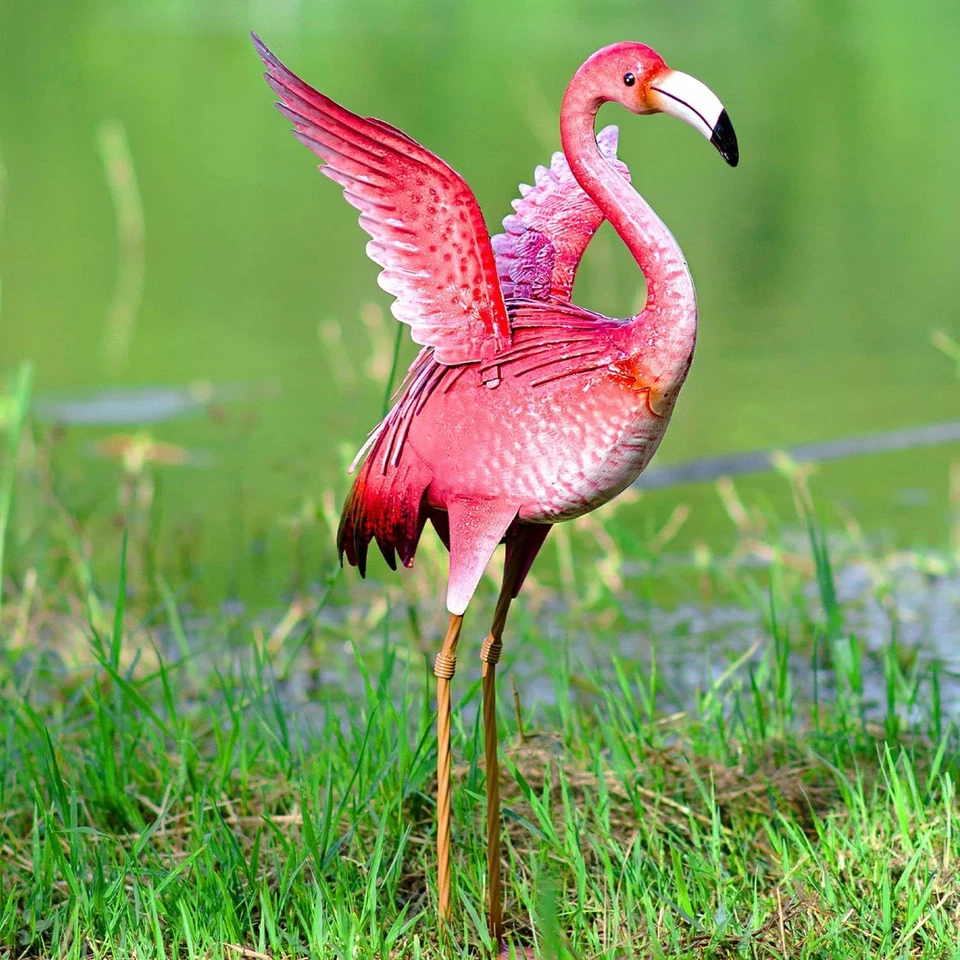 花园火烈鸟雕像和雕塑,户外金属鸟场艺术,粉红色 Fla... — 第 3/4 张图片
