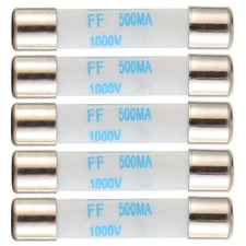 5-Pack 0.5A 1000V Multimeter Fuses, Fast Acting Brass Ceramic, 6.3x32mm