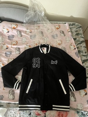 Huf x Chocolate Bomber Jacket Button Up Embroidered Logo Men s Size Large Black