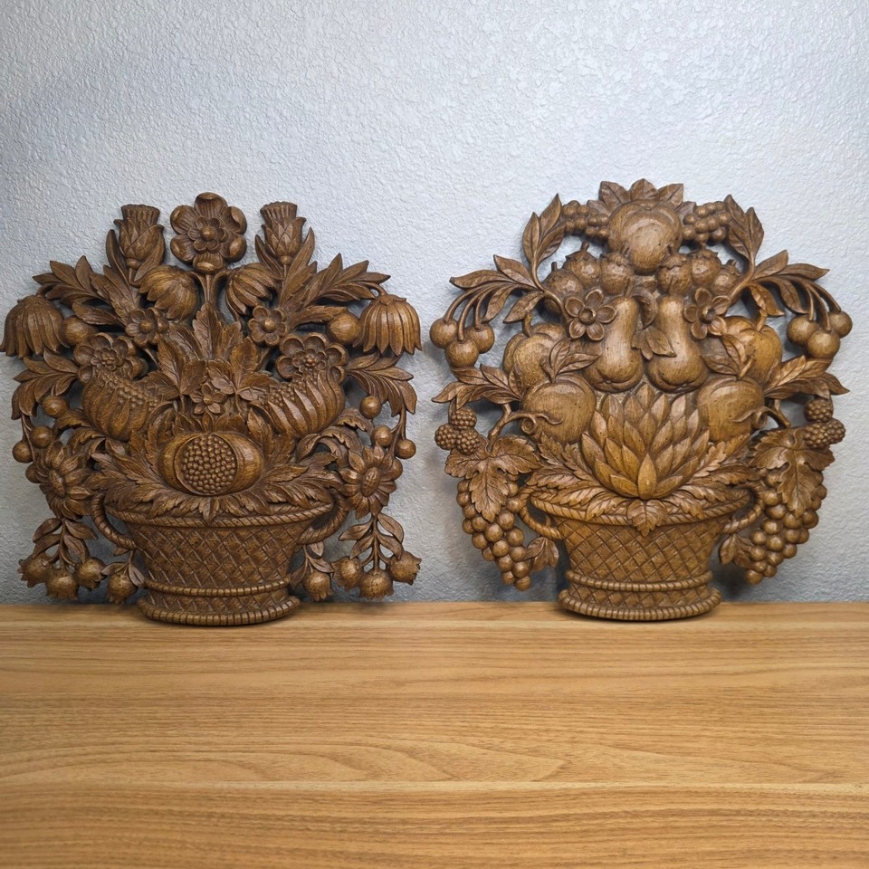 Genuine 1960s Syroco faux-wood fruit basket plaques are a rare MCM find that look incredible in a vintage kitchen or den.