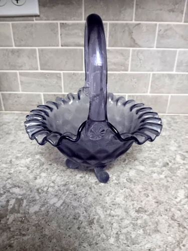 Signed Fenton Art Glass Wisteria Threaded Purple Ruffled Edge Brides Basket