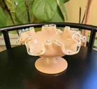 RARE Fenton Pastel Rose Pink Milk Glass Vintage Compote with Ruffled Silvercrest