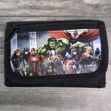 Marvel Avengers Kids Tri-Fold Wallet Coin Holder Bag Black Zipper Hook And Loop