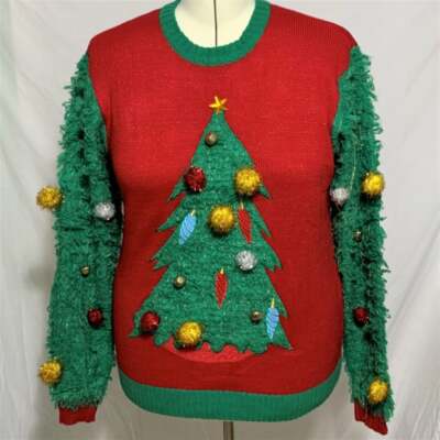 Ugly Christmas Sweater Fuzzy Tree Sleeves Bell Pompoms Green Red Mens  Womens XL