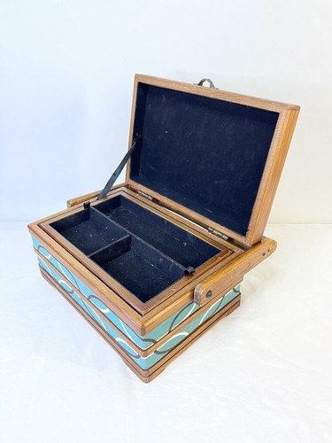 Sewing Basket Wood & Fabric- Tapestry Cloth Covered & Padded Velvet Lined - Picture 6 of 10