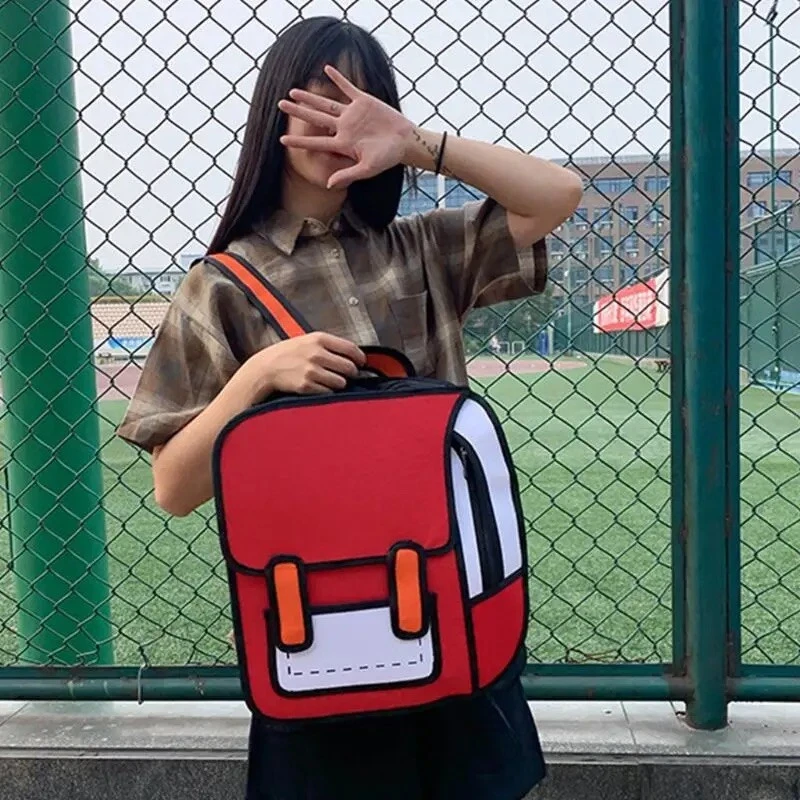 3D Comic Backpack Bookbag Jump Style 2D Drawing Cartoon Paper Shoulder Bag