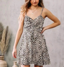 Trixxi Animal Print Ruched V-neck Spaghetti Strap Dress Womens Medium