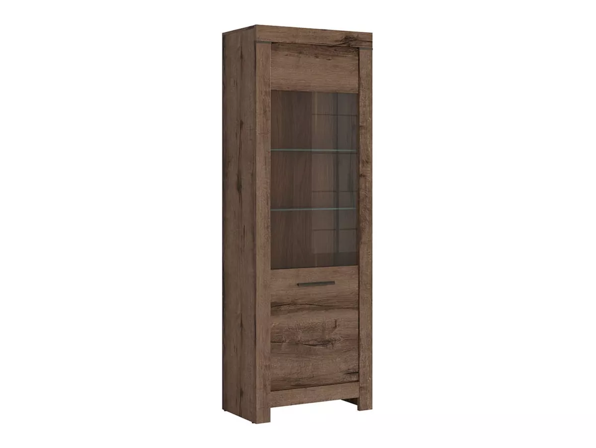 Glass Display Cabinet Tall Slim Unit 1 Glass Door Dark Oak Finish LEDs Balin