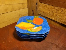4 Square Dessert Plates Scalloped Blue Hand Painted Fruit Harry & David  2005