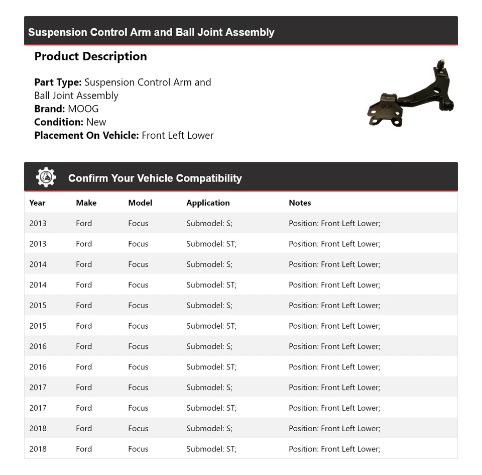 Conjunto de rótula de brazo de control delantero izquierdo inferior MOOG para Ford Focus 2013-2018 Foto 2 de 4