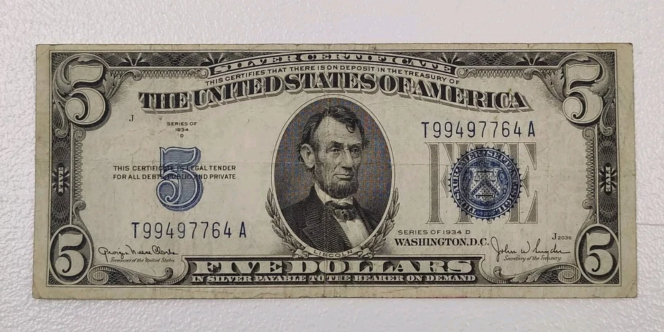 1934 $5 Bill silver seal note 1977 one dollar bill $2 banknote 1976 uncirculated - Image 4 of 4