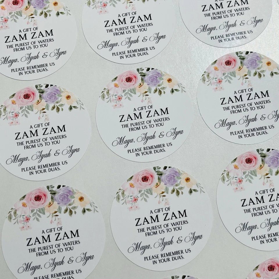 24 Pegatinas de Agua Zam Zam Redondas Personalizadas Gracias, Favor, Fiesta Foto 2 de 2