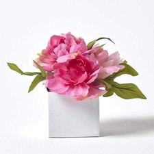 Artificial Pink Peonies Flowers with Green Leaves in White Glazed Pot