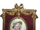 19 Century Flower Garland Brass Frame Velvet Border French Woman Blue Dress Hat — photo 2