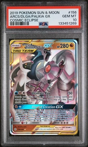 2019 POKEMON SUN & MOON COSMIC ECLIPSE #156 ARCEUS & DIALGA & PALKIA GX PSA 10