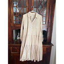 Sundance Enchanted Days Beige Cotton Tiered Midi Dress Tan Boho Peasant Size M
