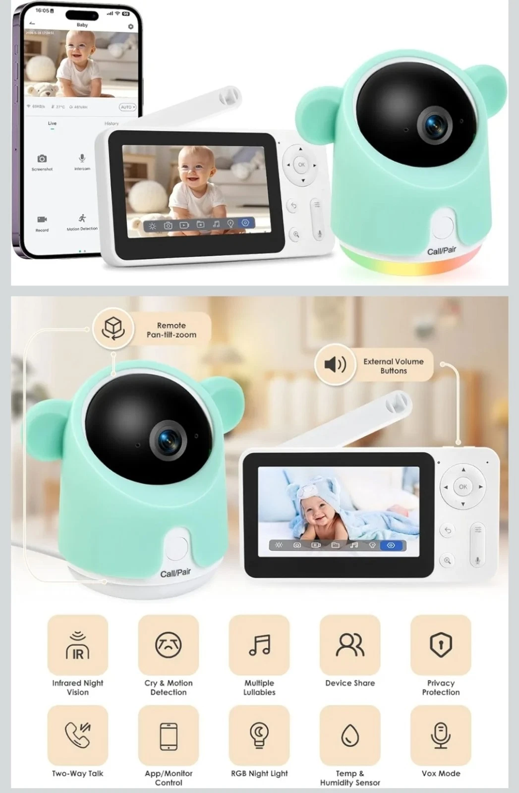 BabyMonitor with Camera and Audio, 1080P Monitor WiFi Smartphone App Control