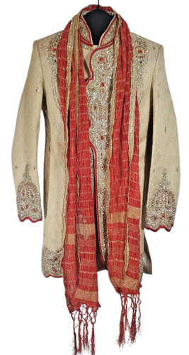 Mens Wedding Jacket Sherwani  Beige Indian/Pakistan Style Blinged w/ Scarf