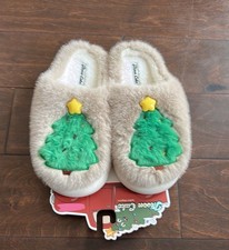 Moon Cake Womens Faux Sherpa Memory Foam Slippers Christmas Tree New Sz XL 11