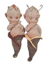 Pair Vintage Kewpie Bugs Baby Pixies w/ Antenna in Flower Pods