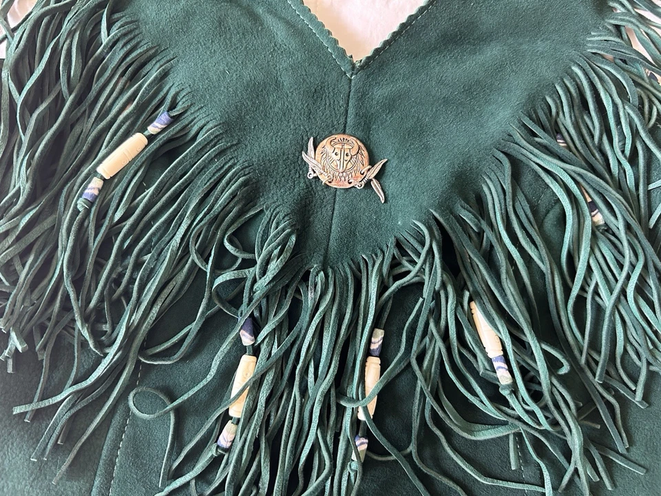 VTG 60-90’s women's Green leather beaded western boho fringe halter top Corset M - Image 2 of 4