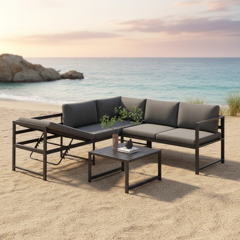 Sitzgruppe Aluminium Ecksofa Lounge mit Liegefunktion Grau wetterfest Tisch