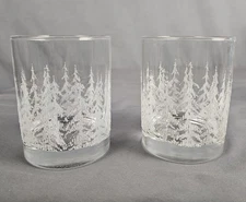 Libbey Frosty Pine Trees Rocks Double Old Fashioned Glasses Tumblers Set of 2