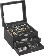 SONGMICS Jewelry Box Lockable Storage Organizer Glass Window Case Rings Earrings