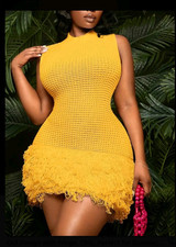 Women's Yellow Sleeveless Mock Neck Knit Fringe Bodycon Mini Dress Stretch O/S