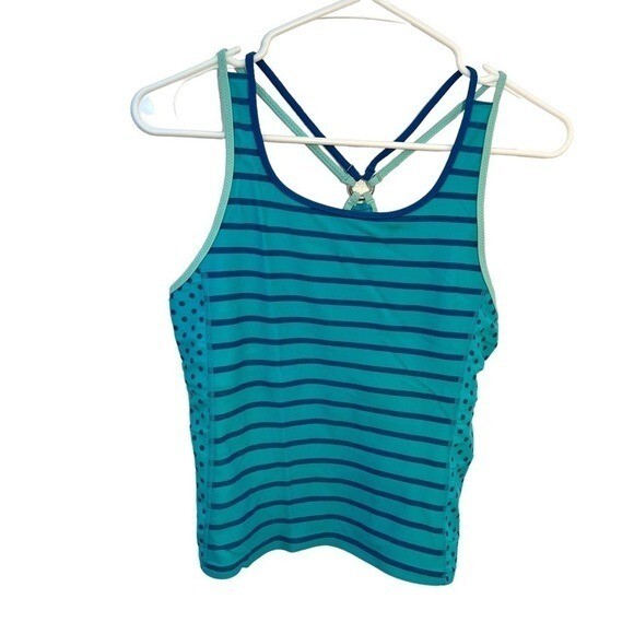 Vintage Lands’ End Girls Size 14 Tankini Swim Top Teal Blue Stripes Polka Dot