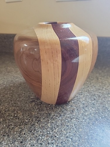 VINTAGE ~ Handgefertigt Holz segmentierte Vase Schüssel Inlay Kirsche Nussbaum Asche 5,5 Zoll x 5,5 Zoll - Bild 3 von 7