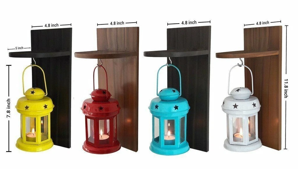 Juego de 4 Lámparas Linterna de Hierro Decorativas con Estante de Madera Hogar Jardín Decoración Artículo Foto 2 de 4