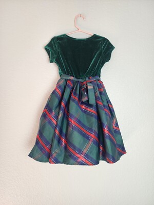 plaid velvet taffeta cocktail dress Tahari Plaid Taffeta Green Velvet Girls Dress Size 4