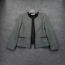 Tahari Arthur S Levine Blazer Women 10 Green Open Front Tweed Long Sleeve Jacket