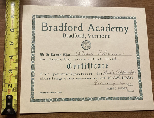 1939 Bradford Academy School Award Certificato Appriecation Musicale Vermont VT P7b - Foto 13 di 15